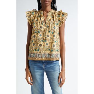 Ulla Johnson Fleur Floral Ruffle Shoulder Split Neck Top in Daylily at Nordstrom Rack, Size 14