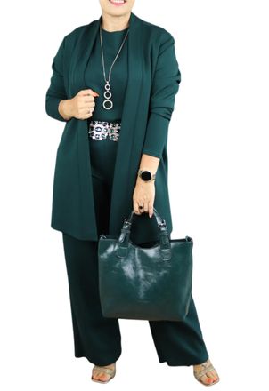 Generic Elegant Longline Cardigan, Top, Pants 3-Pieces Set, Solid Formal Wide Leg Pant Suits, 3 Piece Travel Outfits for Women (Green,S)