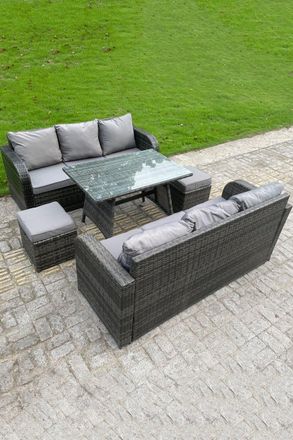 Fimous Outdoor Rattan Sofa Set Dining Table Curved Arm Lounge Sofa Small Footstools 8 Seater in Dark Grey