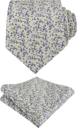 Alizeal Mens 8cm Floral Tie Wedding Party Classic Colorful Necktie with Hanky Set, Yellow+Blue