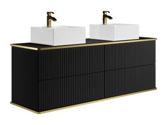 Vente-Unique Mueble de ba&ntilde;o suspendido estriado con ribete dorado y doble lavabo cuadrado - Negro - 150 cm - KELIZA