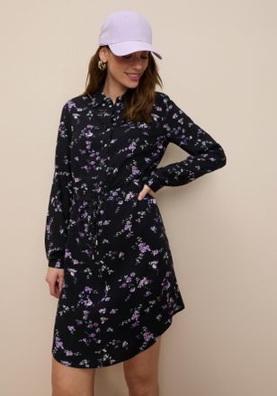 Tamaris Hemdblusenkleid TAMARIS, Damen, Gr. 34, N-Gr, schwarz (schwarz lila), Web, Obermaterial: 100% Viskose, gebl&uuml;mt, figurumspielend kurz, 1-Knopf-Manschet