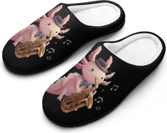 Generic Cute Axolotl Playing Saxophones Mens House Slippers Memory Foam Washable Cotton Slip on Home Shoes