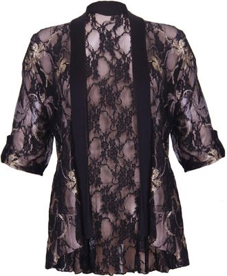 Purple Hanger Womens Turn Up Short Sleeve Ladies Metallic Foil Floral Print Lace Waterfall Front Open Cardigan Top Plus Size Gold and Black Size 14