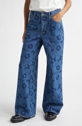Marimekko Maridenim Unikko Wide Leg Jeans in Mid Indigo at Nordstrom, Size 25 32