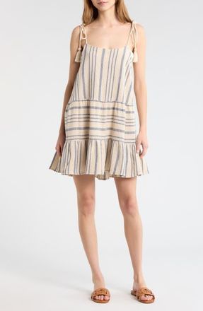 Elan Stripe Tie Shoulder Cotton Cover-Up Dress in Beige/Blue Stripe at Nordstrom, Size X-Small