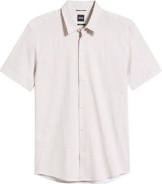 BOSS Roan Print Button-Up Cotton Blend Shirt in Open Beige at Nordstrom, Size Xx-Large