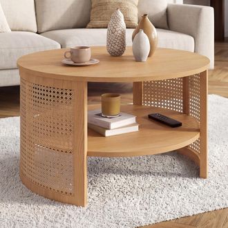 IDMarket Mesa De Centro Redonda Edhen De 70 Cm Con Ca&ntilde;a Natural Y Efecto Madera