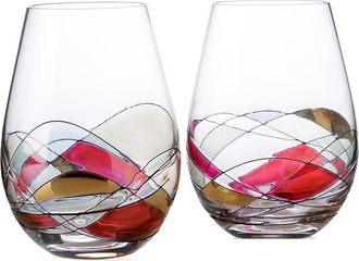 Alice Pazkus Set of 2 Handpainted Stemless Wine Glasses