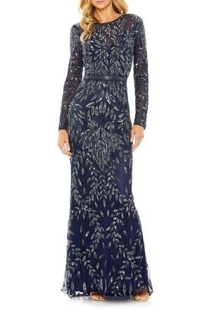 Mac Duggal Long Sleeve Illusion Neckline Embellished Gown in Midnight at Nordstrom, Size 10