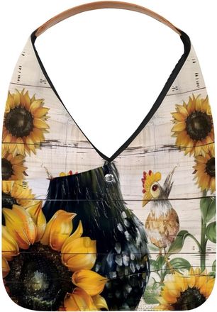 Generic Sunflower Rooster Wooden Board Reusable Lightweight Grocery Bags - Foldable Into Compact Pouch, Washable & Sturdy, Multipurpose for Shopping and Trave