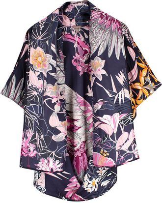 Hermès Navy and Pink Floral Print Silk Lightweight Open Scarf Blouse Size S
