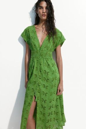 H&M Broderie-anglaise Cotton Dress in Green at Nordstrom, Size X-Small