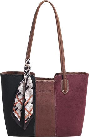 Generic Women Faux Suede Handbag Fashion Underarm Bag Contrastive Color Splicing Design Bag for Work Shopping Travel Daily