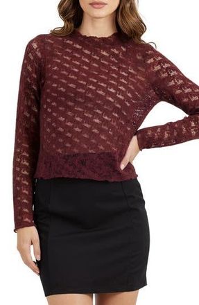 Lush Bow Textured Mock Neck Long Sleeve Mesh Top in Burgundy at Nordstrom Rack, Size Large