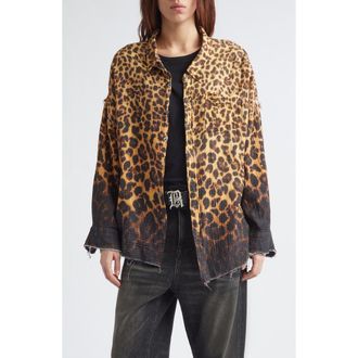 R13 Oversize Shredded Seam Drop Neck Leopard Print Button-Up Shirt in Dipped Brown Leopard at Nordstrom, Size X-Small