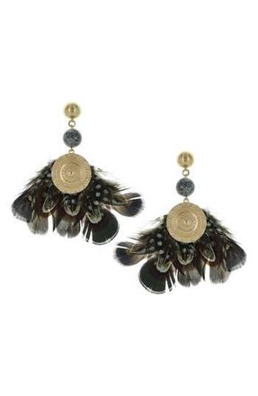 Olivia Welles Medallion Feather Drop Earrings in Gold /Black at Nordstrom Rack