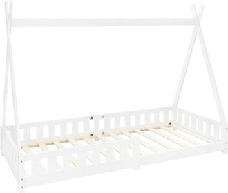 ML Design ML-Design Letto a Terra per Bambini Design Tipi 90 x 200 cm Bianco, Struttura in Legno di Pino Massiccio, con Sponde Protezione Anticaduta, Lettino