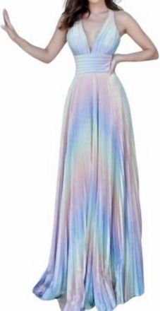 Jovani Pleated V-Neck Gown In Multi