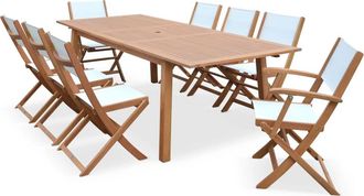 Sweeek Mesa de jardín, 8 plazas, eucalipto y textileno blanco, extensible