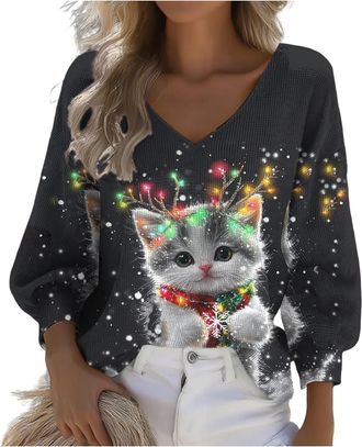Generic Christmas Waffle Sweatshirts for Women UK Plus Size Cute Kitten Print Jumpers Oversized Lantern Sleeve V-neck Pullover Sweater Blouse Ladies Womens Y2