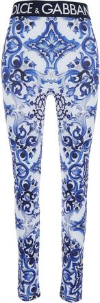 Dolce & Gabbana Multicolor Leggings With Logo Lettering On The Waist And All-Over Maiolica Motif In Tech Fabric Woman