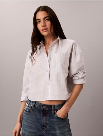 Calvin Klein Jeans Calvin Klein Womens Yarn-Dyed Cotton Poplin Cropped Shirt - Blue - XL