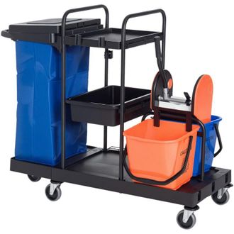 HOMCOM Homcom - Carro De Limpieza Profesional De 3 Estantes Con Escurridor De Palanca Y 2 Cubos De Fregar Bolsa Ruedas 111x63,3x103 Cm Negro Azul Y Naranja