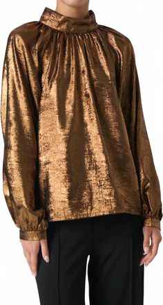 Soaked In Luxury Elvie Funnel Neck Metallic Blouse In Copper