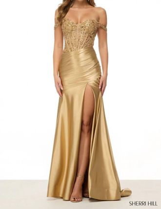 Sherri Hill Off The Shoulder Gown With Sequin Lace Corset Bodice In Gold