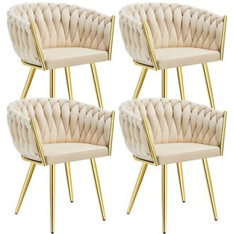 TecTake Dining Chair Astano - Padded, Velvet, Knot Design, Continuous Backrest in Light Sand | Size: 4 Pack
