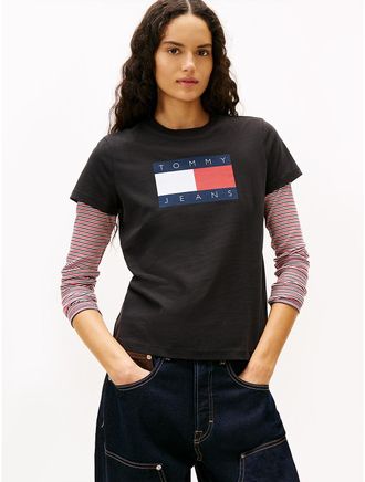 Tommy Hilfiger Womens Tommy Jeans Weathered Flag Logo T-Shirt - Black - XL