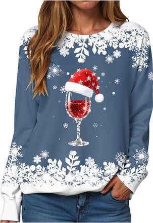 Generic Christmas Jumpers for Women UK Sweatshirt Ladies Funny Print Crewneck Xmas Long Sleeve Santa Claus Pullover Causal Tops Christmas T shirts Long Sleeve
