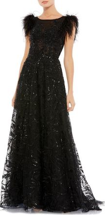 Mac Duggal Womens Embellished Feather Cap Sleeve Bateau A Line Gown in Black at Nordstrom, Size 12