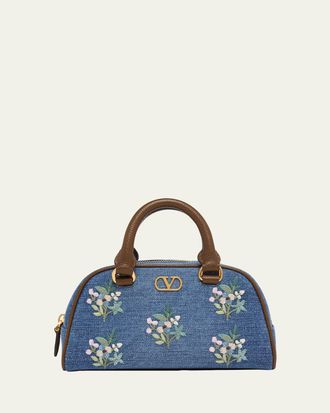 Valentino Garavani Floral-Embroidered Denim VLogo Top-Handle Bag