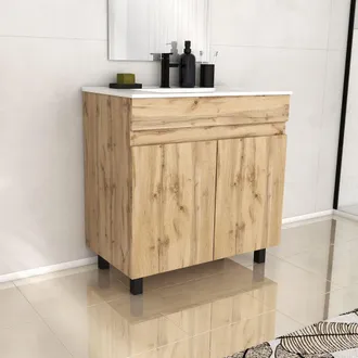 Aurlane Mueble De Ba&ntilde;o 80cm 2 Puertasroble Natural + Lavabo De Cer&aacute;mica Blanco - Timber 80