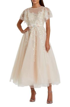 Mac Duggal Embellished Flutter Sleeve Bow Waist A Line Dress in Nude at Nordstrom, Size 16