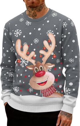 Generic Christmas Jumpers for Men UK Funny Ugly Reindeer Print 3D Graphic Tops Oversized Novelty Xmas Sweatshirt Crew Neck Long Sleeve Pullover Sweater Mens H