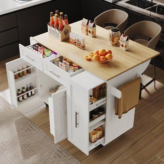 Matteo Modern White Wood Grain Kitchen Island with Folding Tabletop