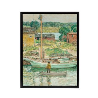 Artery8 Oyster Sloop Sailboat in Cos Cob Harbour Hassam Framed Canvas Wall Art | Size: W24 x H32