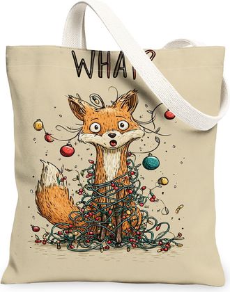 Generic Funny Fox Canvas Tote Bags, Cute Animal Illustration Lightweight Washable Grocery Bags, Holiday Fanciful Vintage Style Reus, Beige, 13x15 Inch