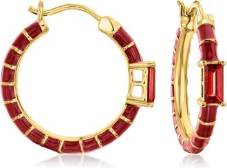 Ross-Simons Garnet and Red Enamel Hoop Earrings in 18kt Gold Over Sterling