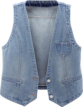 Generic Womens Denim Waistcoat Sleeveless Denim Vest V Neck Button Down Waistcoat Jacket Sleeveless Denim Jacket