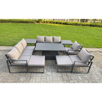 Fimous Aluminum 10-Seater Patio Set with Lifting Table, 2 Side Tables in Dark Grey
