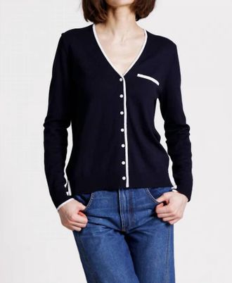 Minnie Rose V Neck Long Sleeve Cardigan With Tipping In Navy