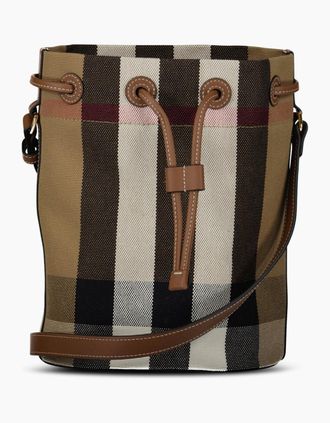 Burberry Womens Burberry Check Canvas Small Bucket Bag in Taupe Brown