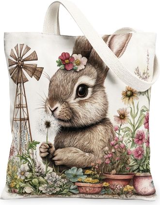 Generic Spring Bunny Rabbit Canvas Tote Bag for Shopping 13x15, Farmhouse Country Animal Reusable Grocery Print Bag for Women, Farm Wildflower Beach Aesthetic