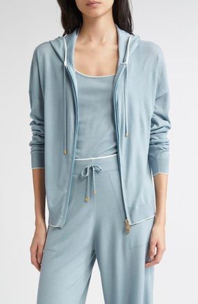 Eleventy Merino Wool Zip Hoodie in Aqua And White at Nordstrom, Size Large