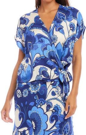 Karen Kane Blouson Wrap Tie Top In Print Blue