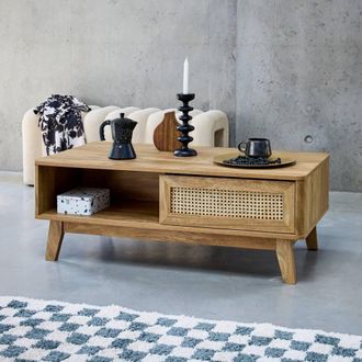 Sweeek Coffee Table With Sliding Door Wood & Cane Effect in Light Brown